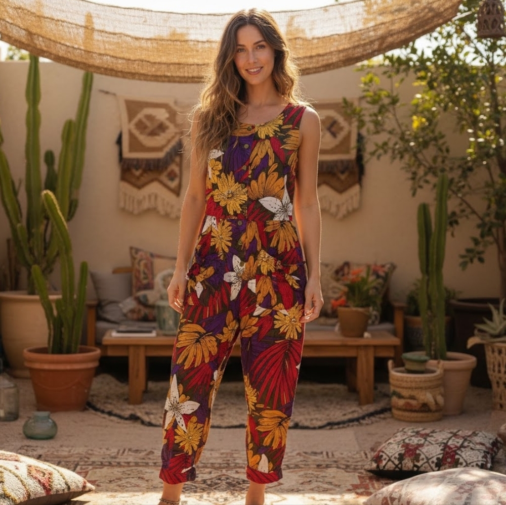 Vintage Robbie Bee Tropical Cotton Jumpsuit Size 8